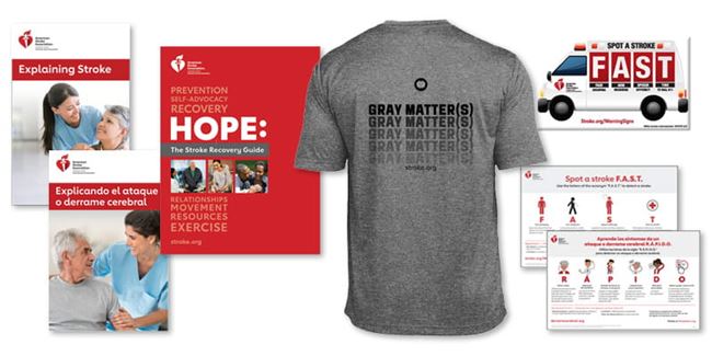 A collage of American Stroke Association apparel, brochures and posters A collage of American Stroke Association apparel, brochures and posters